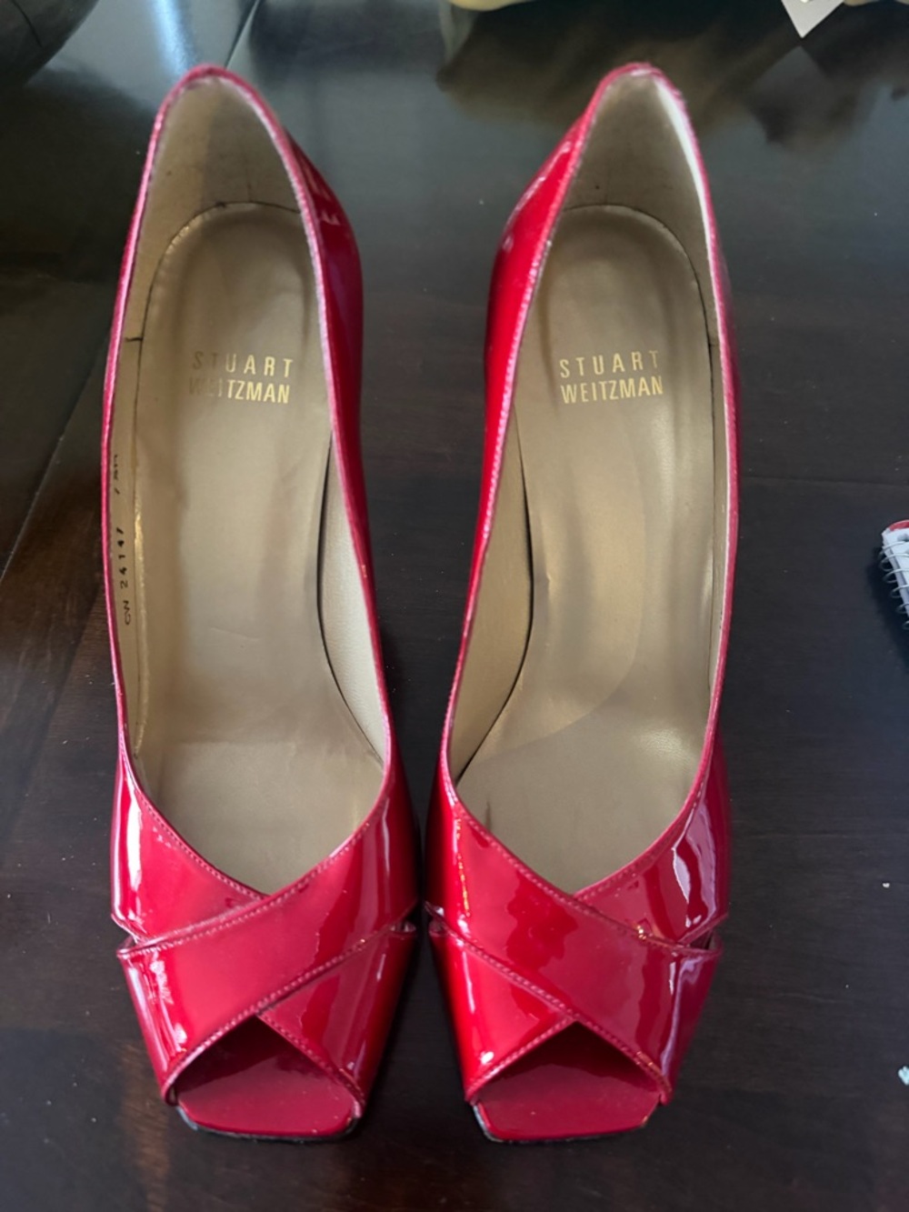 Stuart Weitzman Red Patent Peep-Toe Heels